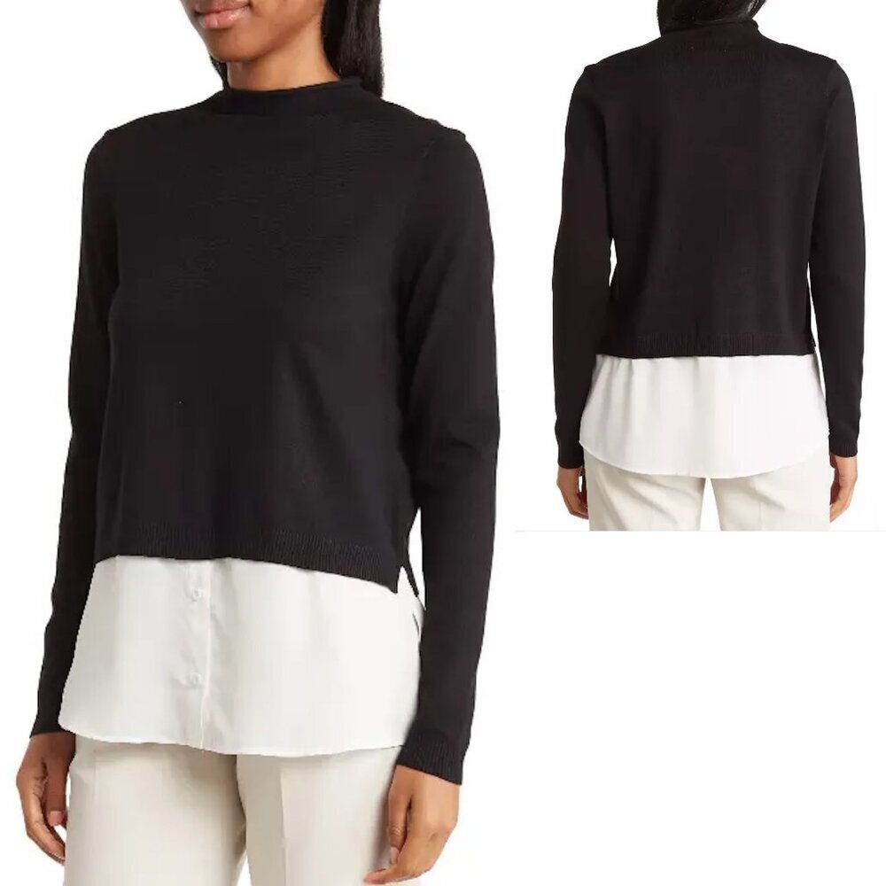 NWT New $89 Adrianna Papell Rolled Neck Twofer Black Sweater Size M